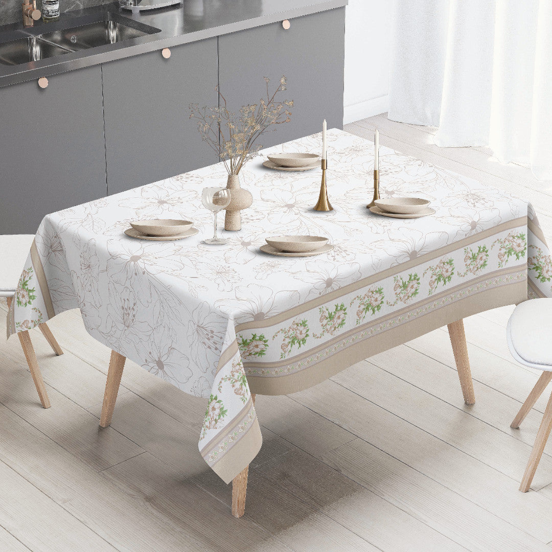 Blomsterbånd – Creme voksdug med blomsterbort, miljø