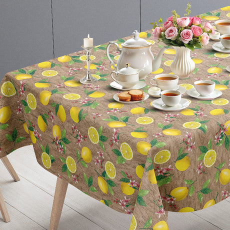 Limonata – Beige voksdug med citroner og hessianlook, bordende