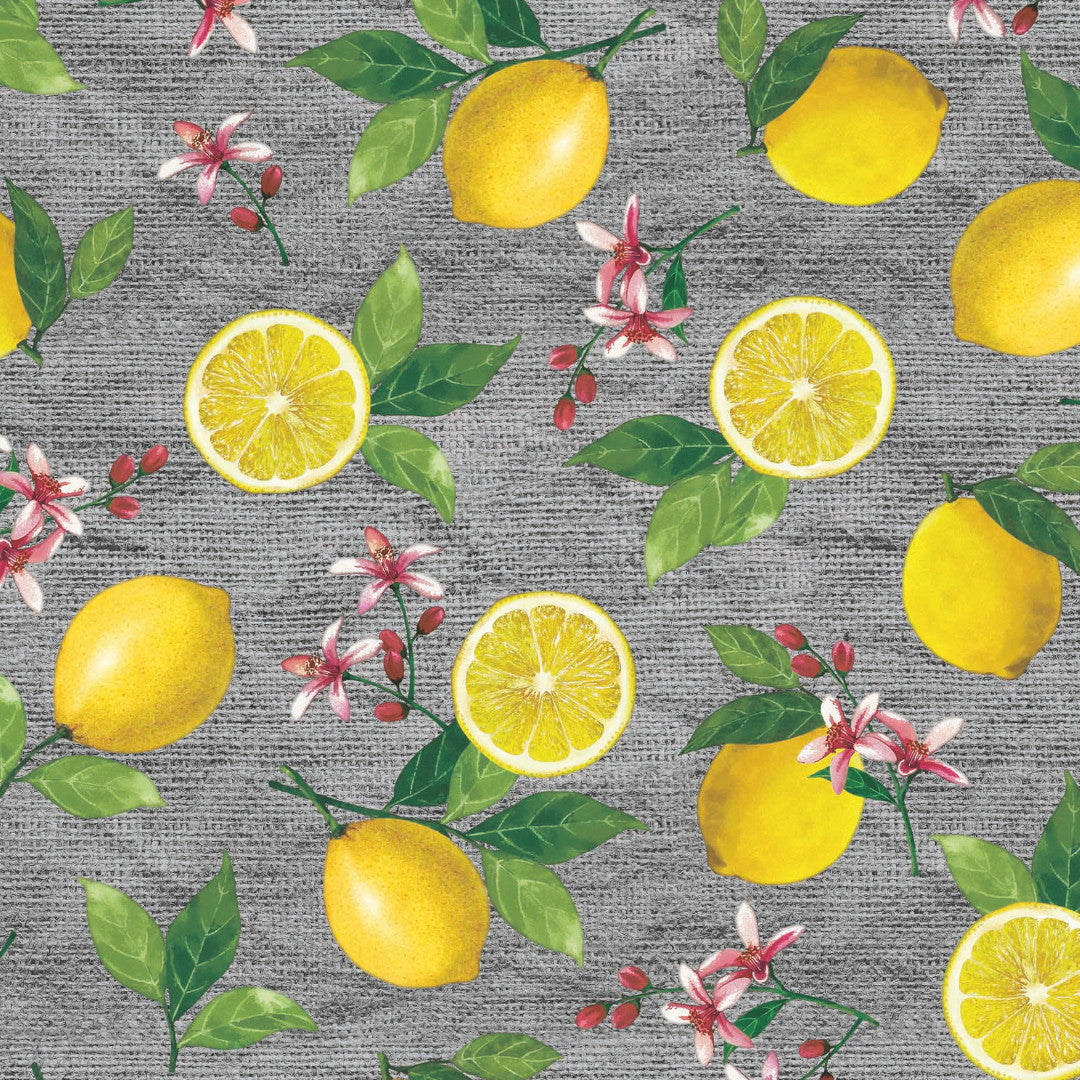 Limonata – Grå voksdug med citroner og hessianlook