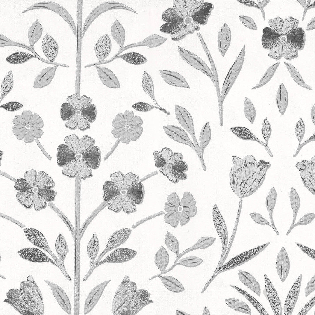 Sølvflor Elegance - Voksdug med prægede sølvblomster, grå bund, motiv