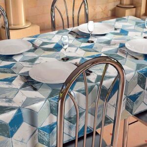 Voksdug med grafisk mønster cubi blå 140 cm bred