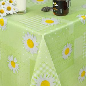 Grøn voksdug med margueritter og patchwork