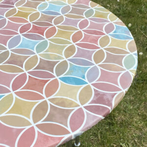 Rund voksdug med elastik – Grafiske Cirkler Varme Farver