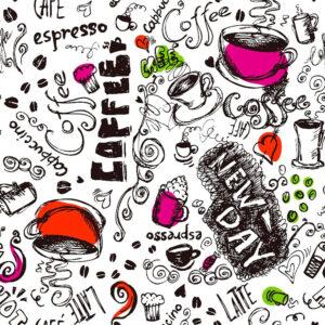 Rund voksdug med elastik – Kaffemotiv Fuchsia