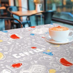 Rund voksdug med elastik – Kaffemotiv Grå